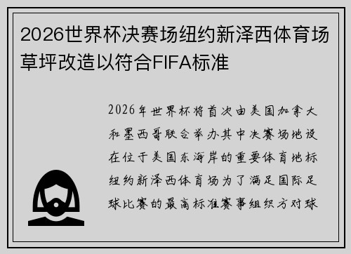 2026世界杯决赛场纽约新泽西体育场草坪改造以符合FIFA标准 2026世界杯决赛场纽约新泽西体育场草坪改造以符合FIFA标准